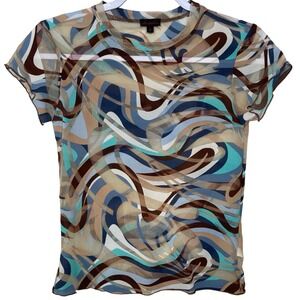 Vintage‎ Shameless Sheer Mesh Top Brown Blue Teal Psychedelic S Rave Y2K Groovy